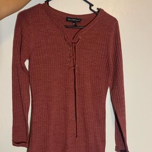 Burgundy Tie Up Mini Long Sleeve Dress